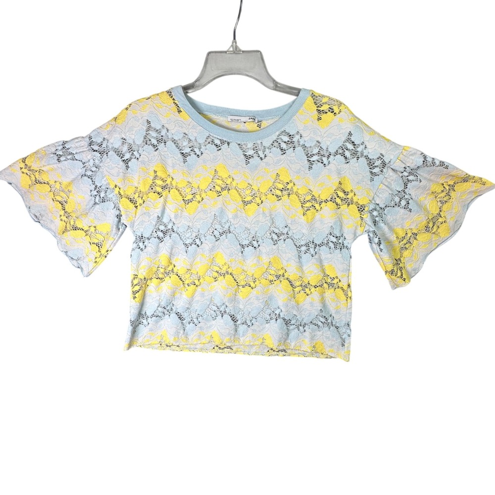 Zara Lace Crop Top Blue Yellow Mesh Sheer Chevron Bell Sleeve Boho Pastel Small